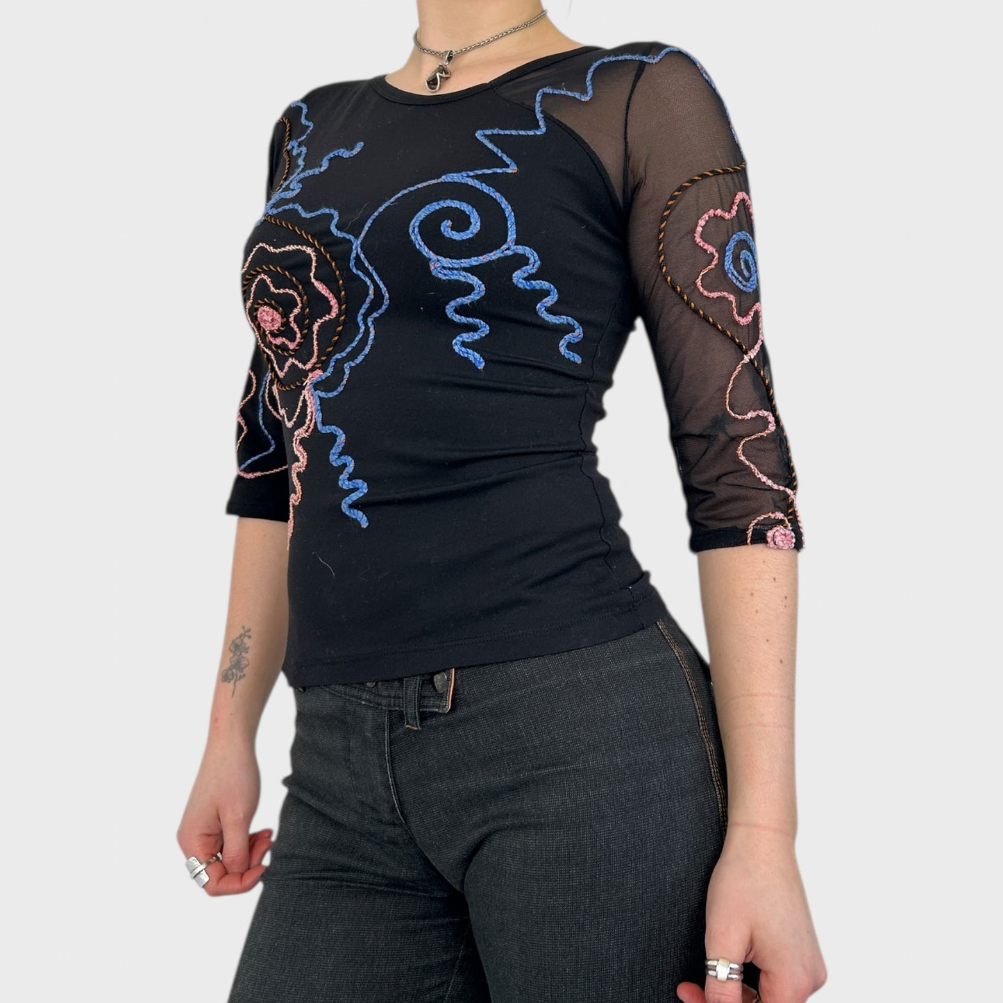 Save the Queen Black Bi-Material Mesh Swirl Top - S