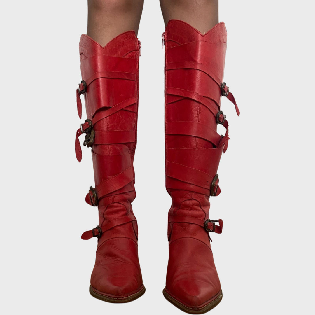 Destroy red leather buckle boots