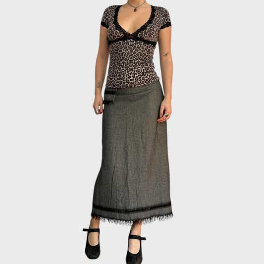 Cop Copine Grey Maxi Skirt with Frayed Hem and Pocket