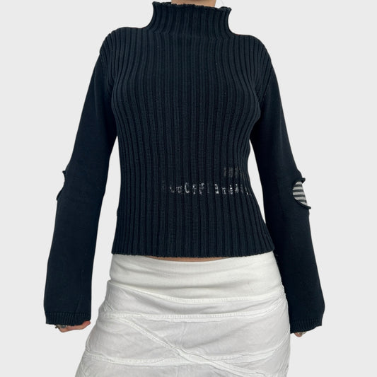 Cop Copine Black Bi-Material Stripe Knit Jumper - M