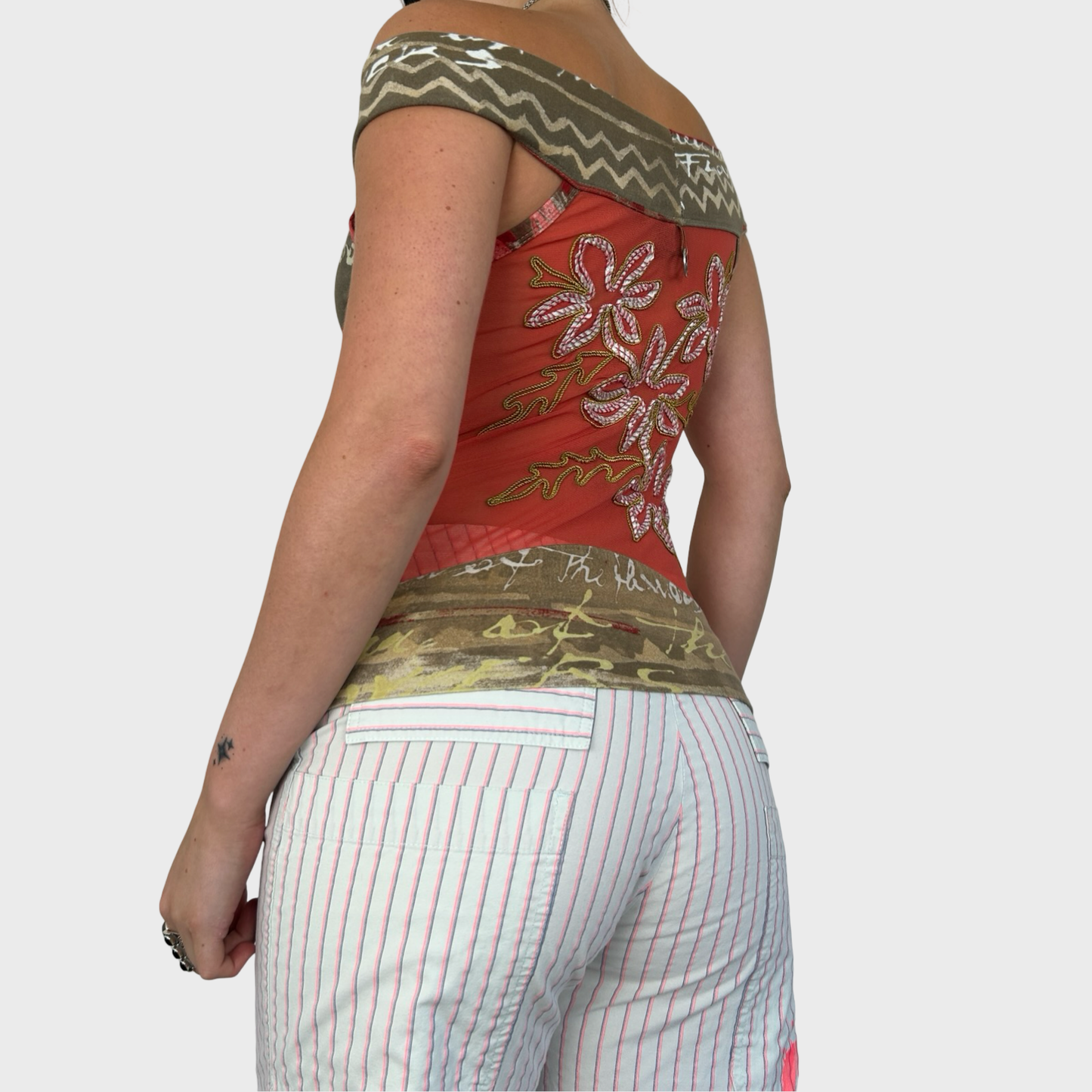 Save The Queen Off Shoulder Graphic Bi-Material Mesh Top - S/M