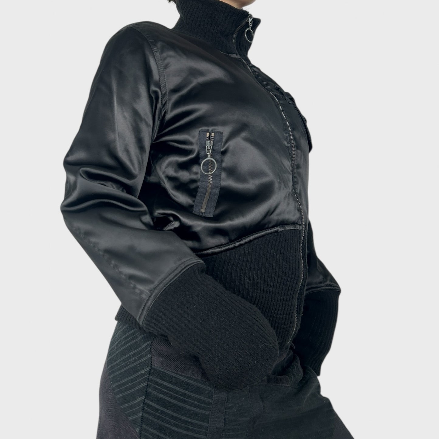 Black Satin-Look Bomber Jacket - L