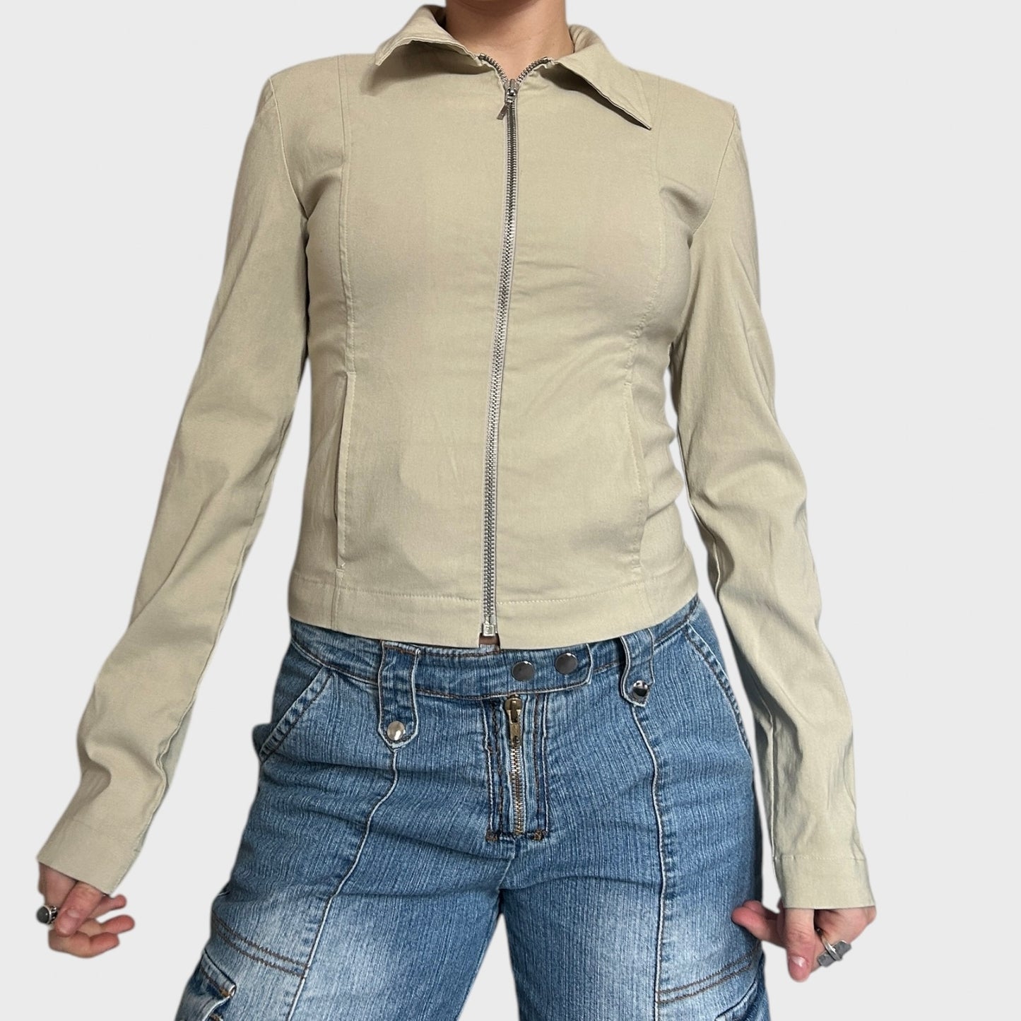 Cream fitted zip up shirt jacket