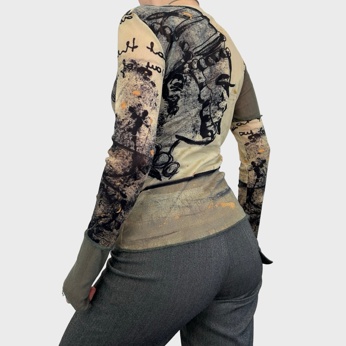 Vintage Graphic Face Print Mesh Long Sleeve - S/M