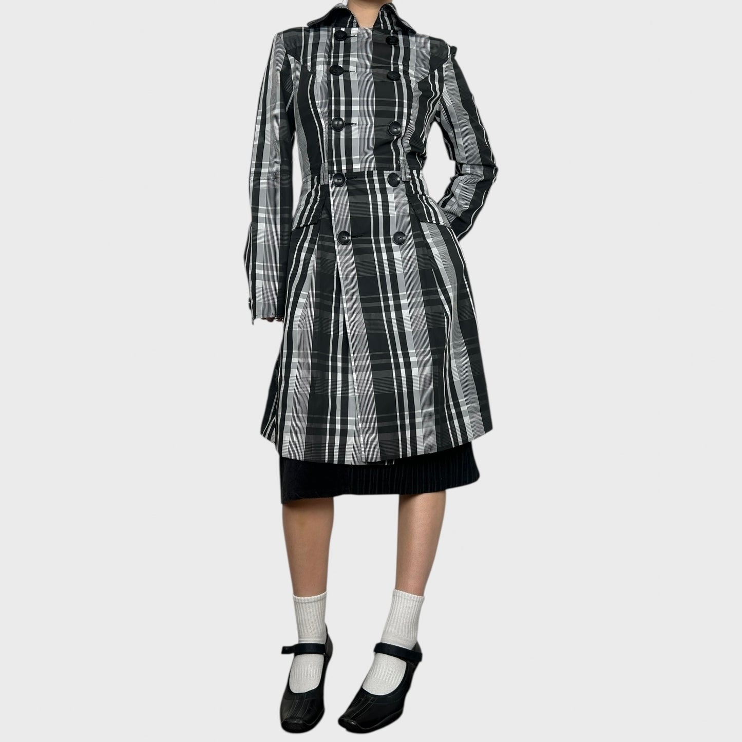 Checked Double-Breasted Trench Coat – S
