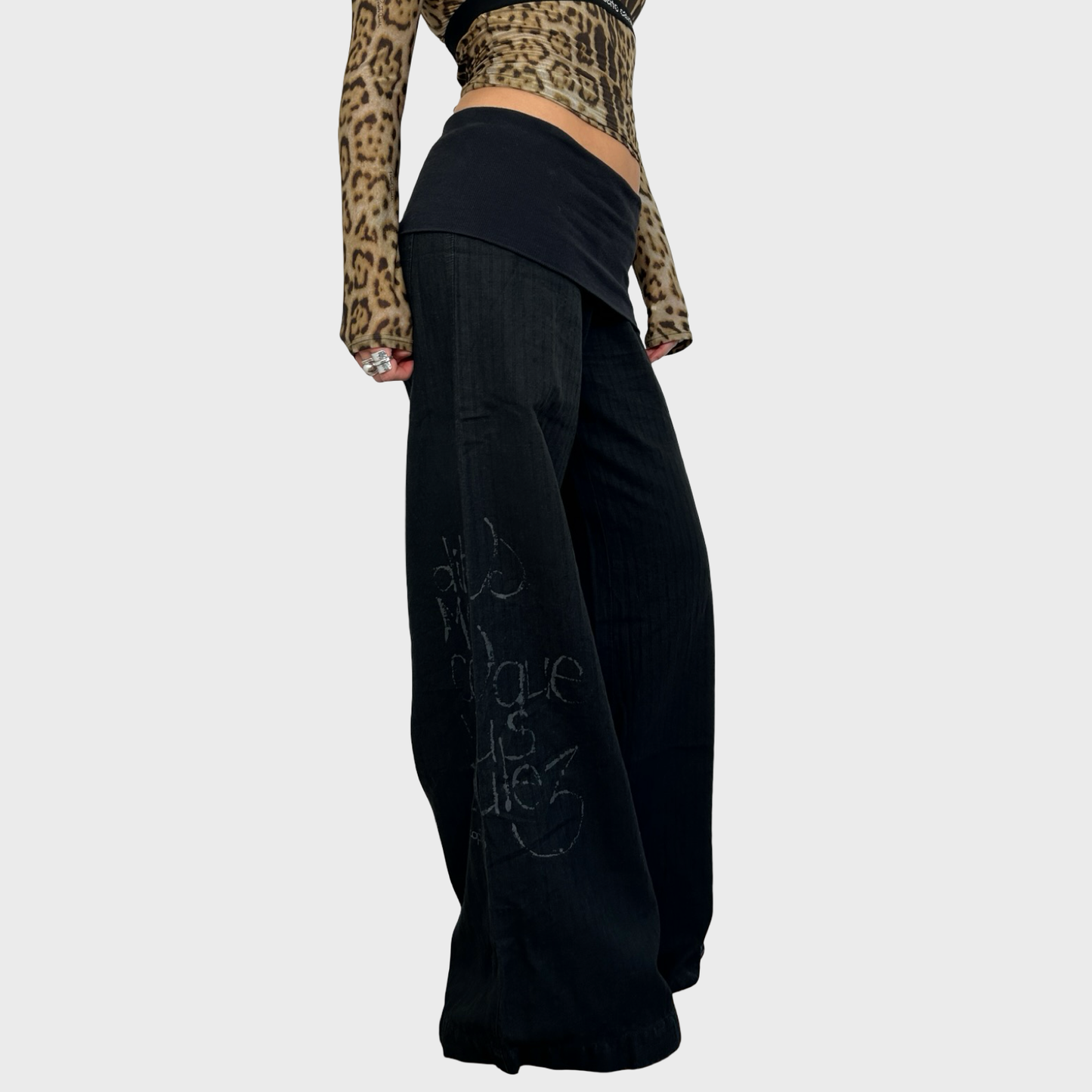 Cop Copine Black Foldover Waist Wide Leg Trousers - L