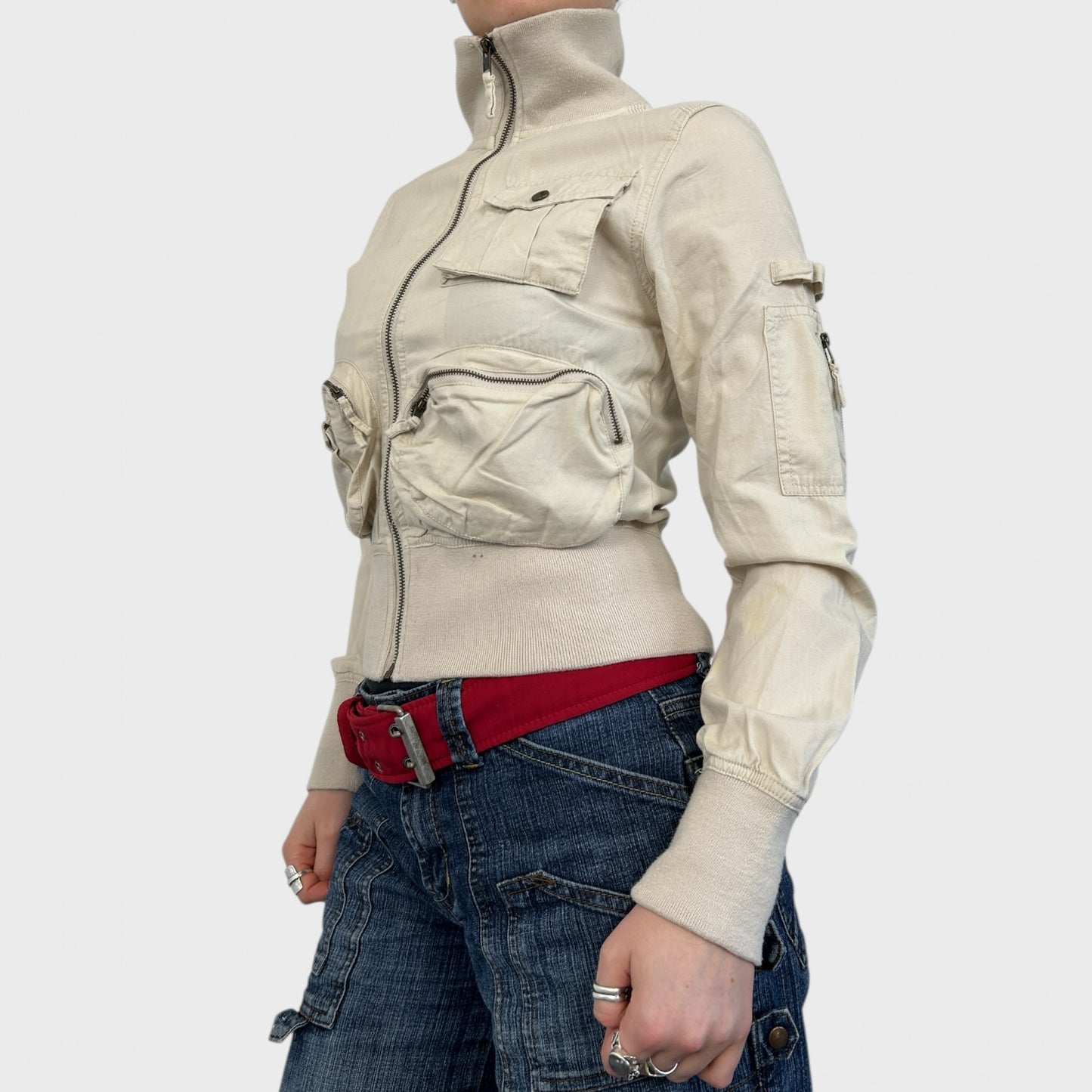 Vintage Beige Pocket Zip-Up Jacket - S