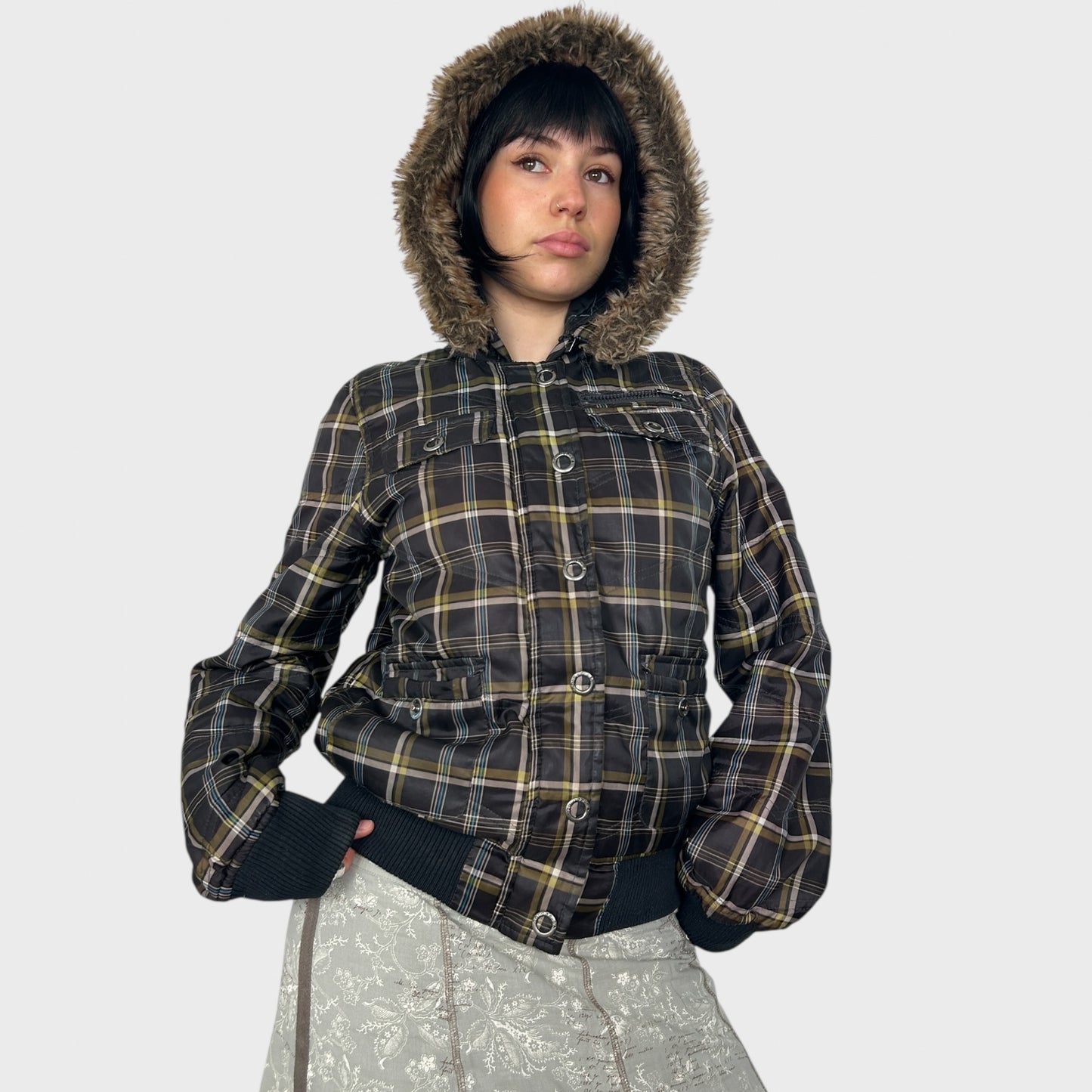 Vintage Checkered Bomber Jacket with Hood - M