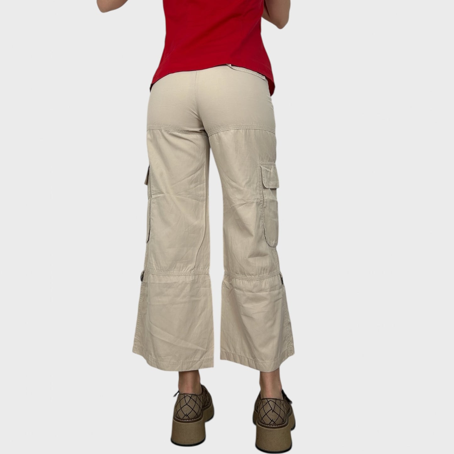Cop Copine Beige Lightweight Wide Leg Cargo Trousers - S