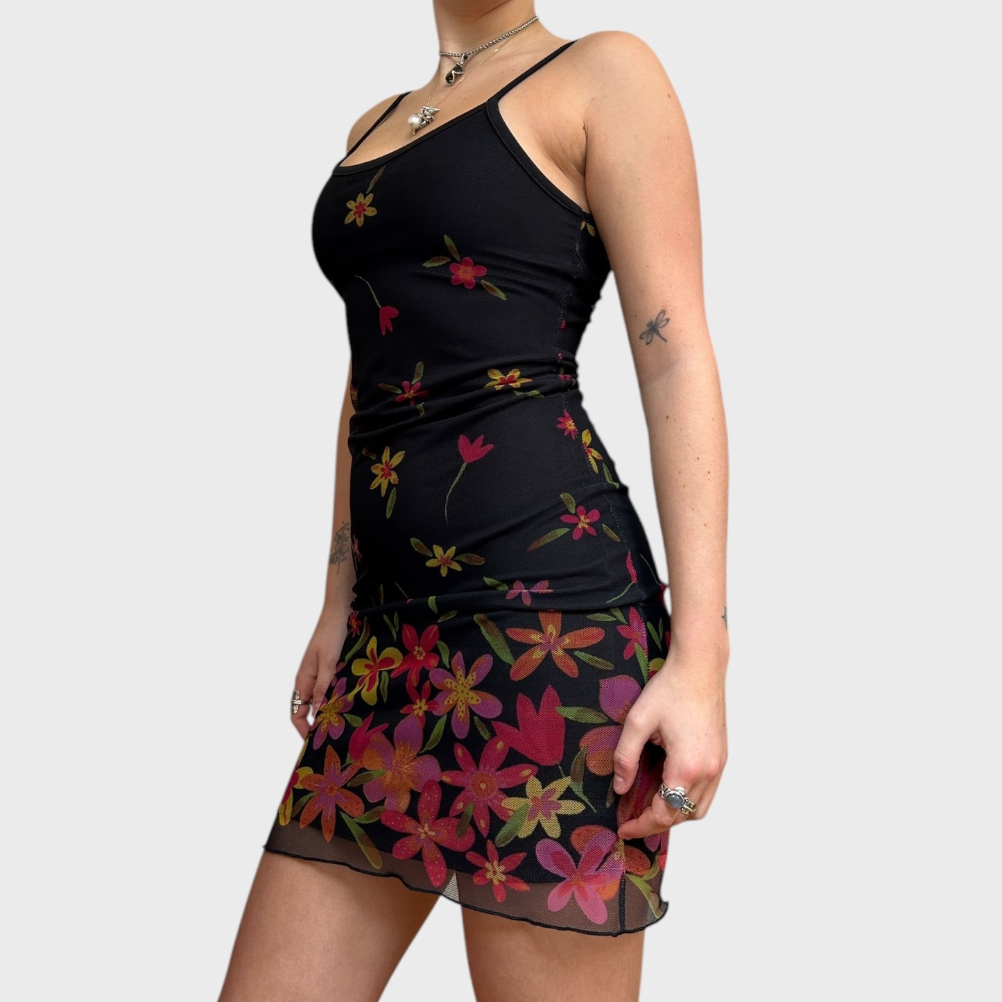90s Floral Mesh Overlay Black Mini Dress