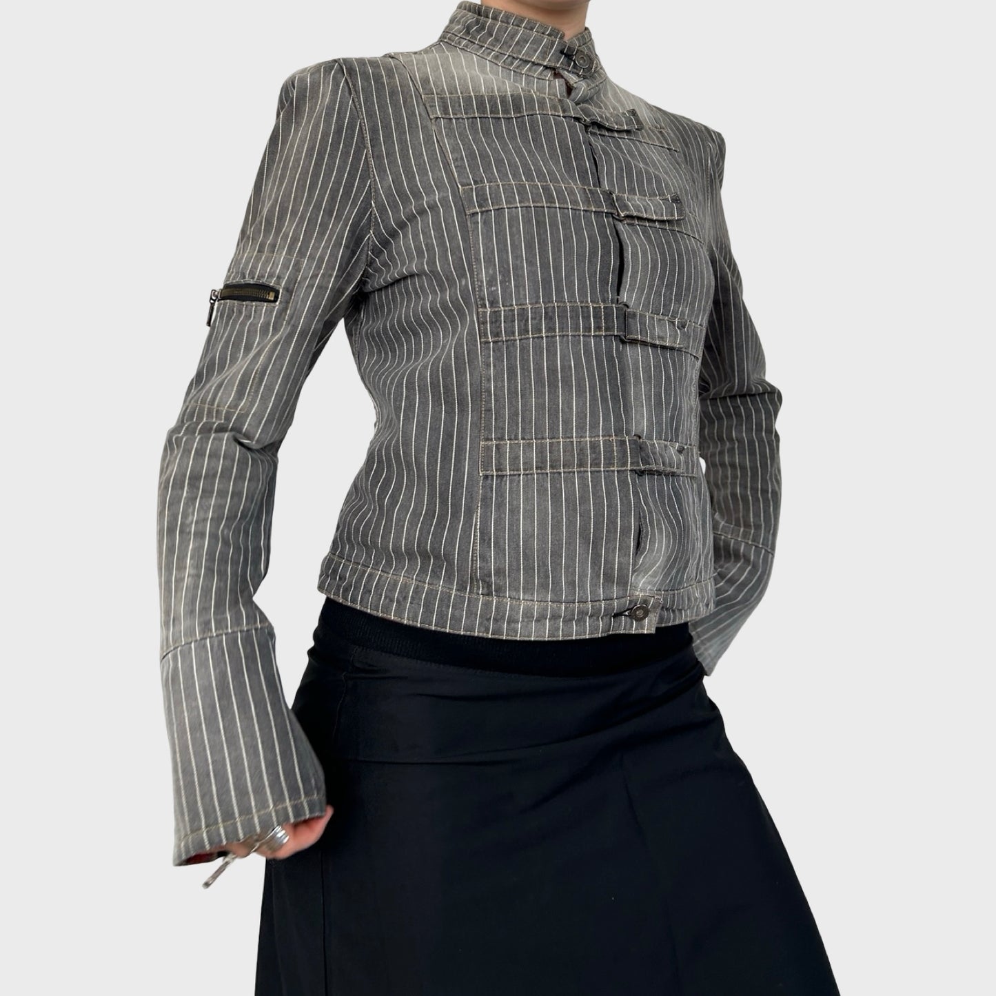 Vintage Grey Faded Striped Denim Jacket - M