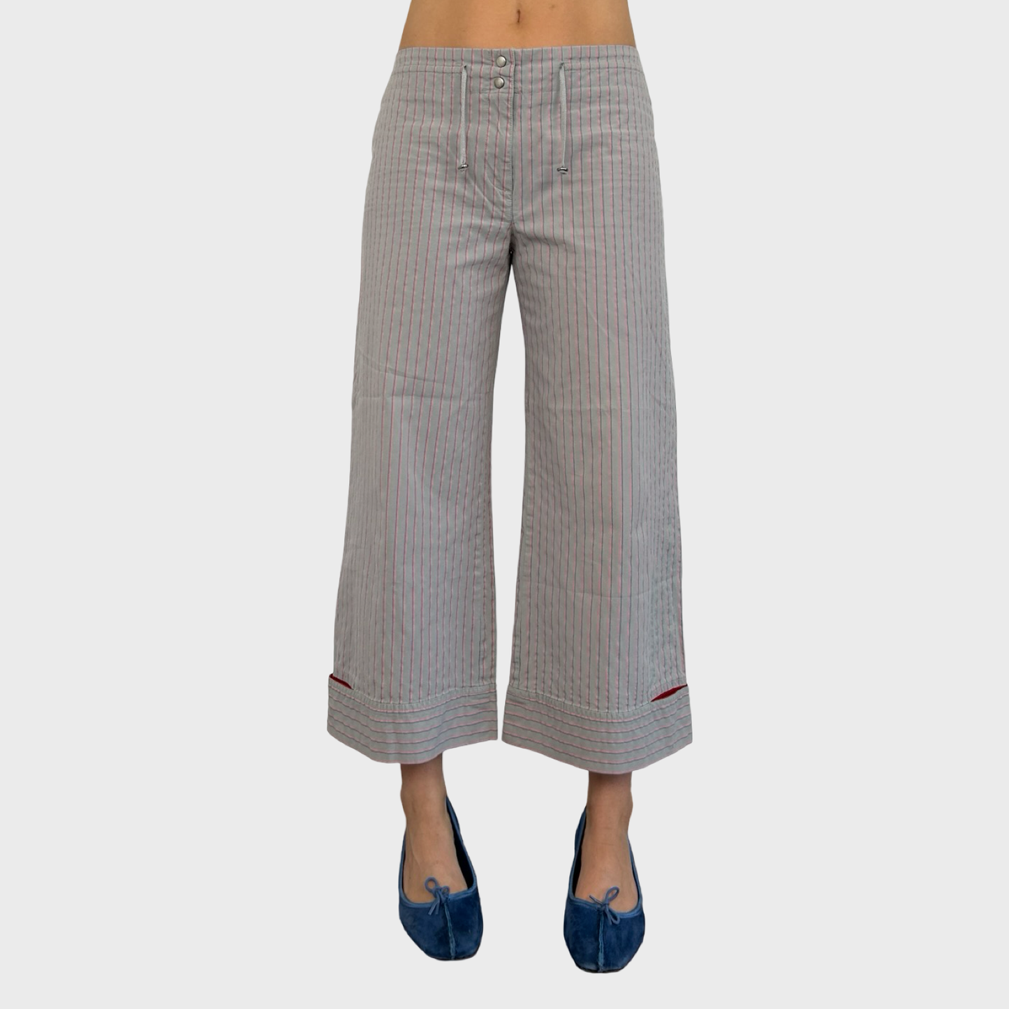 Cop Copine Grey & Pink Stripe Capri Trousers - M