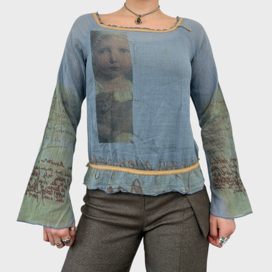 Cop Copine Blue Sheer Renaissance Portrait Print Top - S