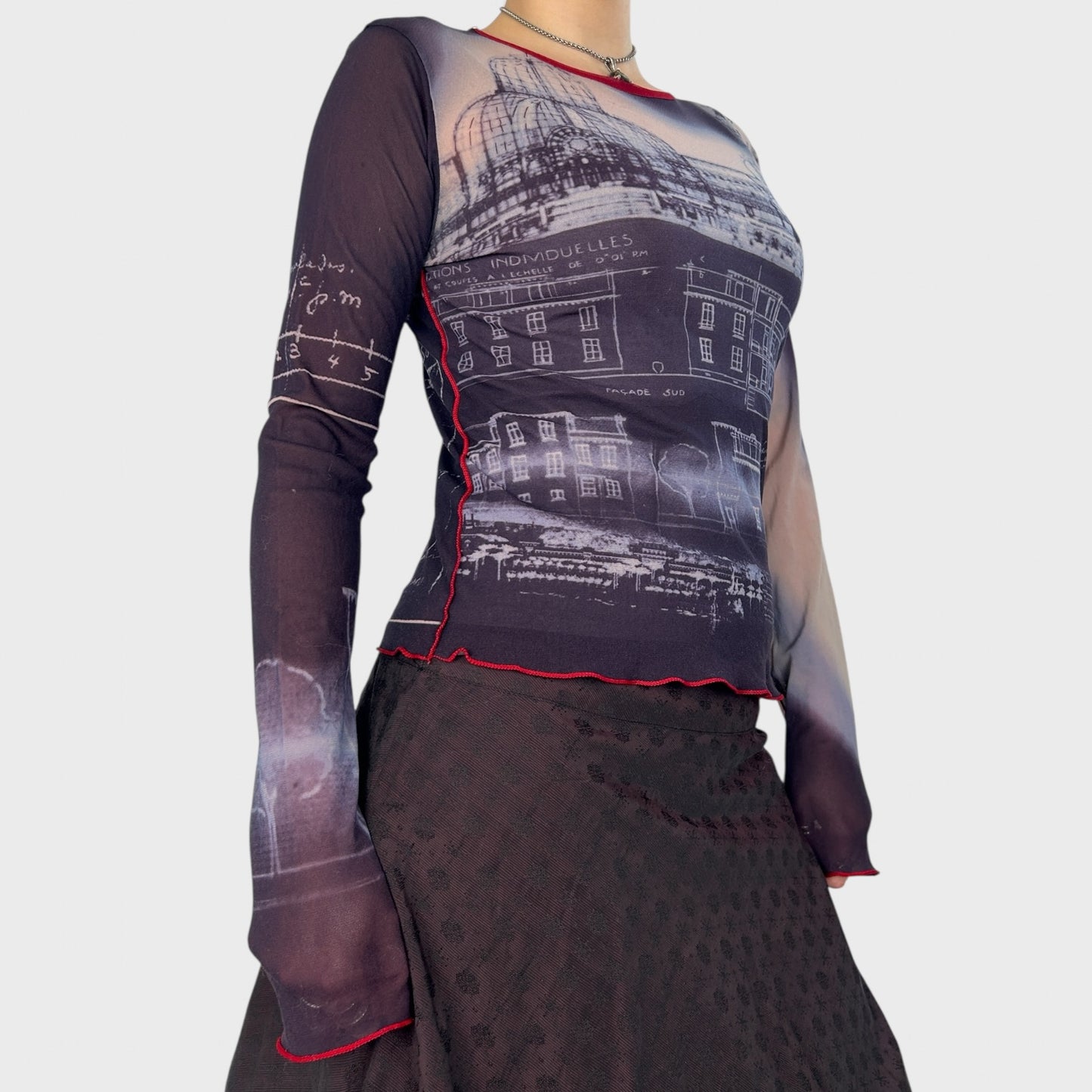 Cop Copine Graphic Paris Print Long Sleeve Mesh Top - S/M