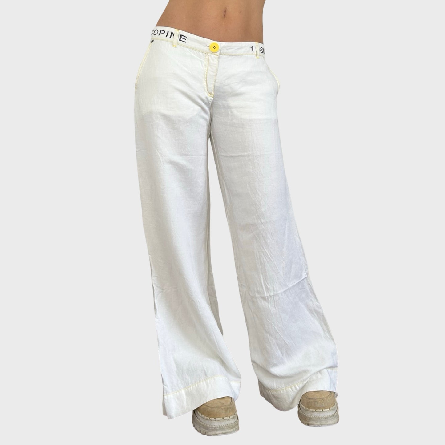 Cop Copine White & Yellow Wide Leg Linen Trousers - L