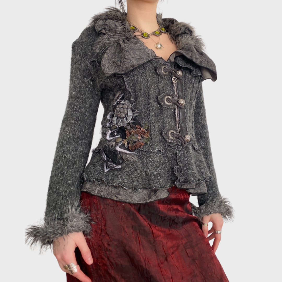 Whimsical goth grey faux fur collar knit cardigan