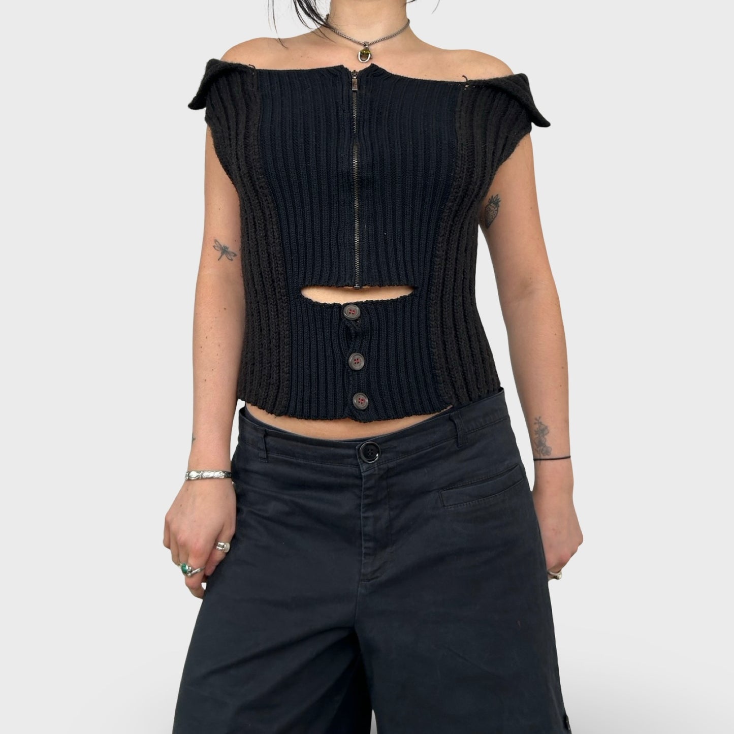 Cop Copine Off The Shoulder Black Knit Zip Top - M