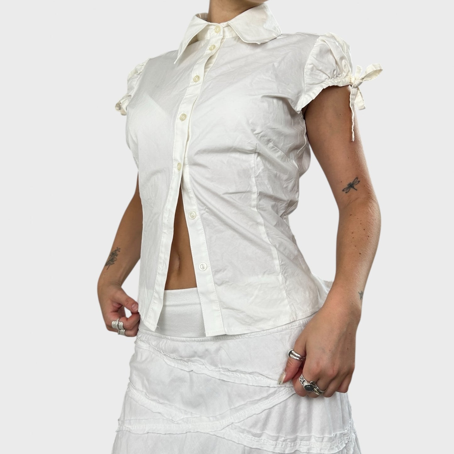 White Short Sleeve Blouse with Tie Sides - M/L