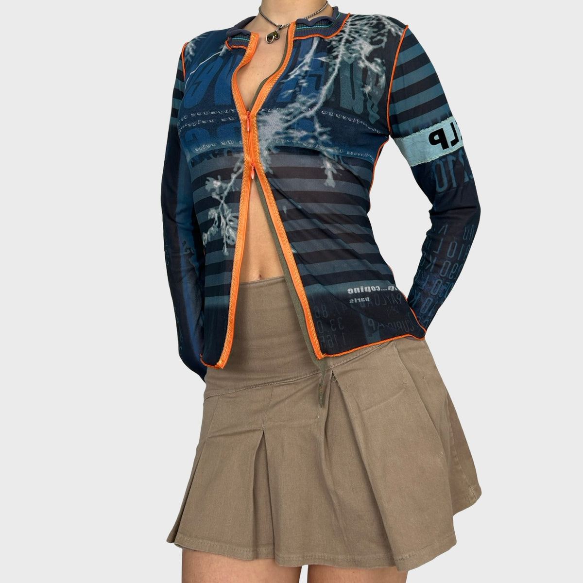 Cop Copine Graphic Mesh Double Zip Long Sleeve Top - M