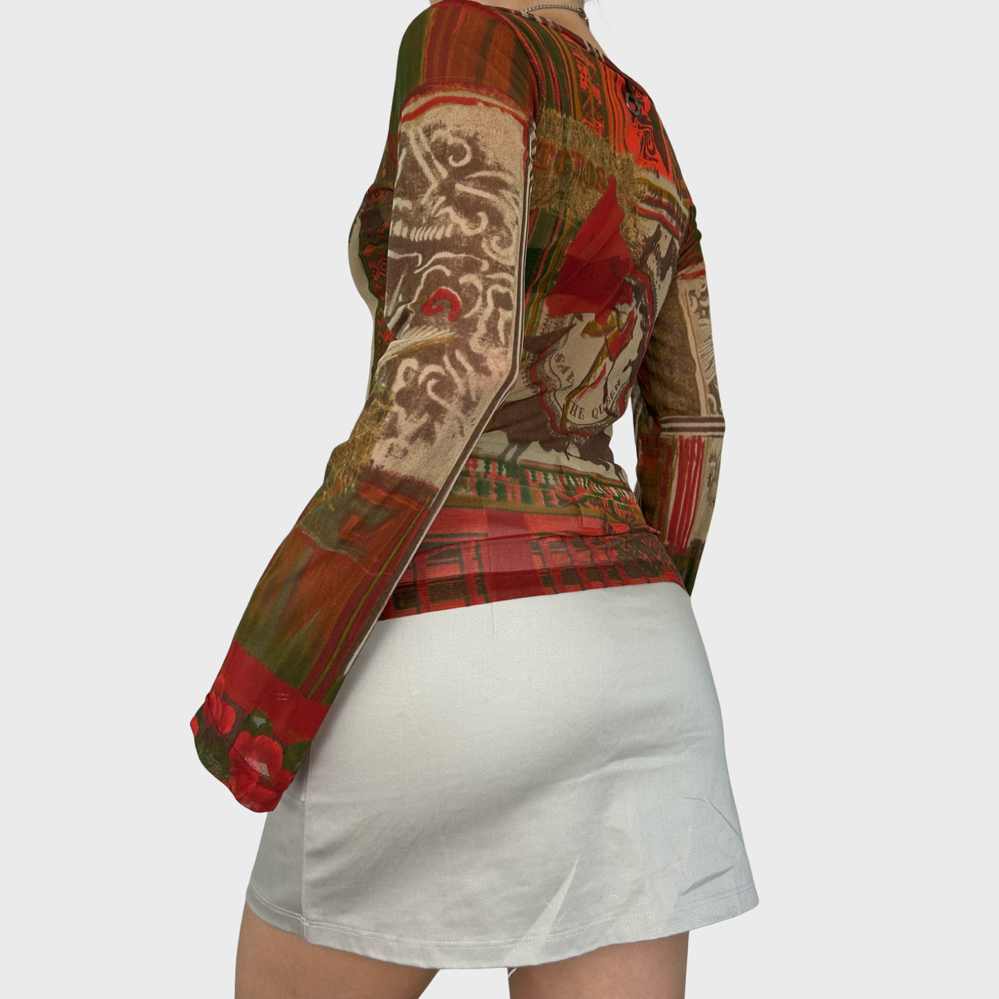 Save The Queen Red Graphic Print Mesh Long Sleeve Top - M/L