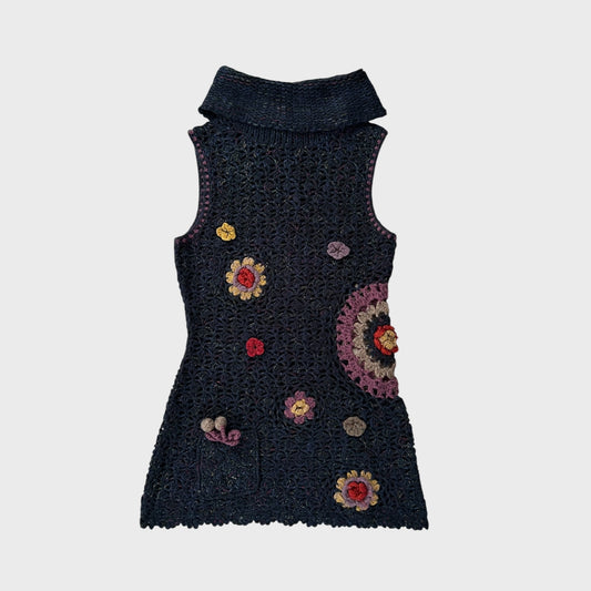 Vintage Chunky Knit Floral Crochet Mini Dress