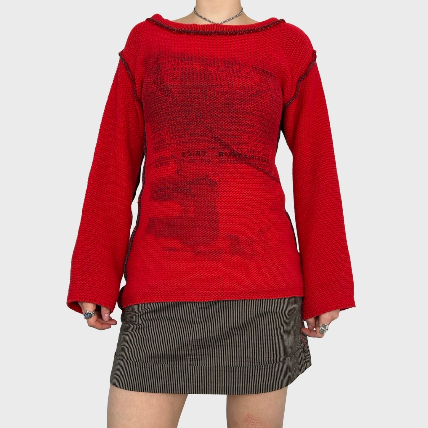 Cop Copine Red Graphic Chunky Knit Jumper - M
