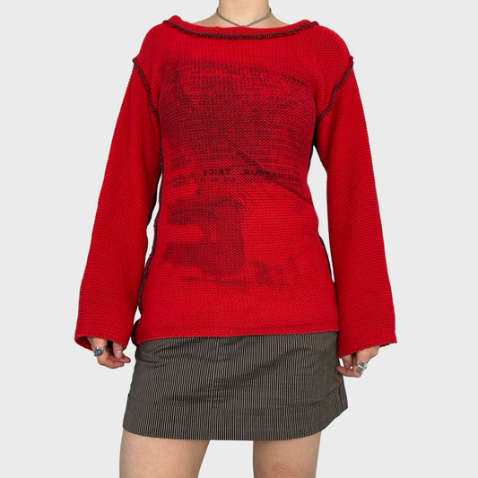 Cop Copine Red Graphic Chunky Knit Jumper - M