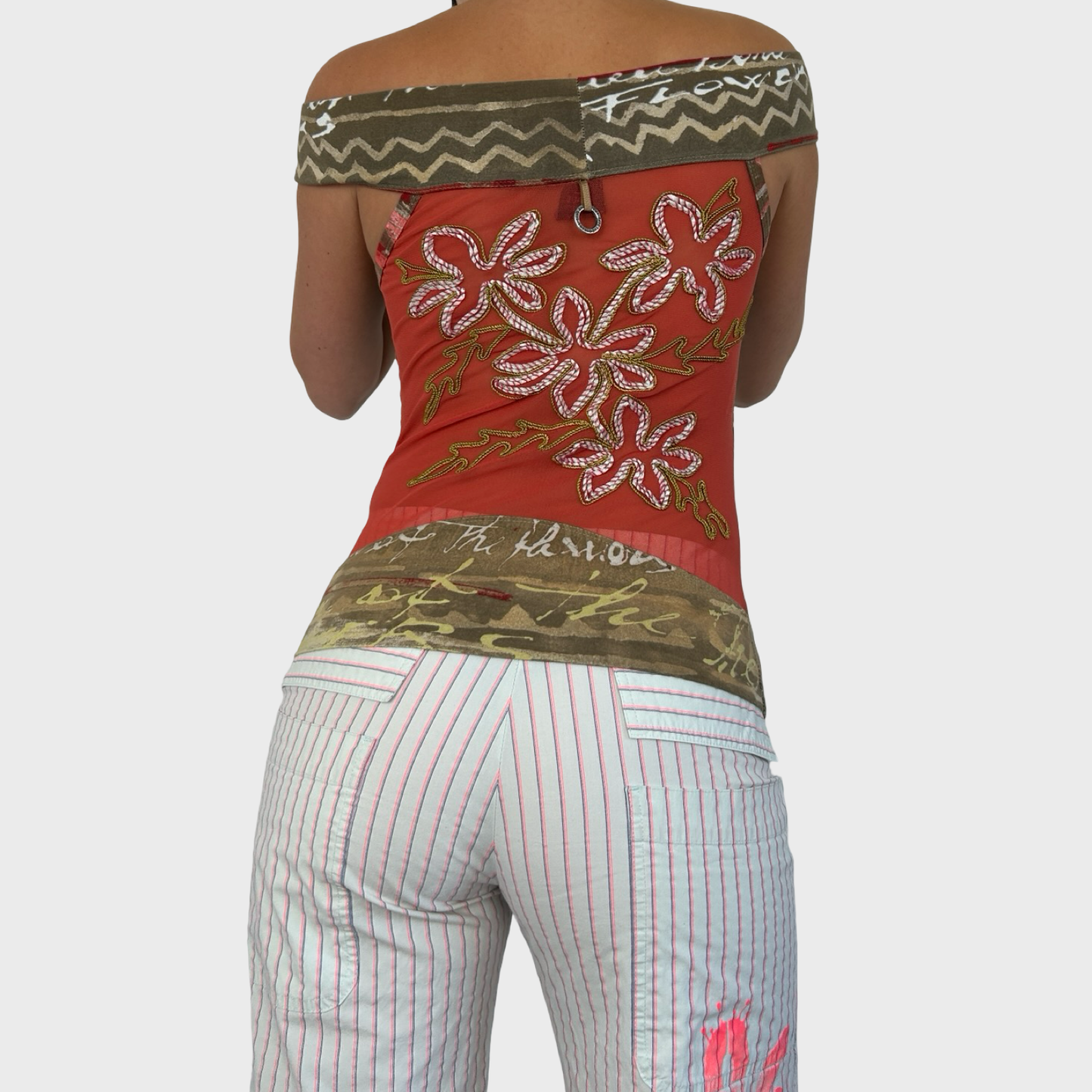 Save The Queen Off Shoulder Graphic Bi-Material Mesh Top - S/M