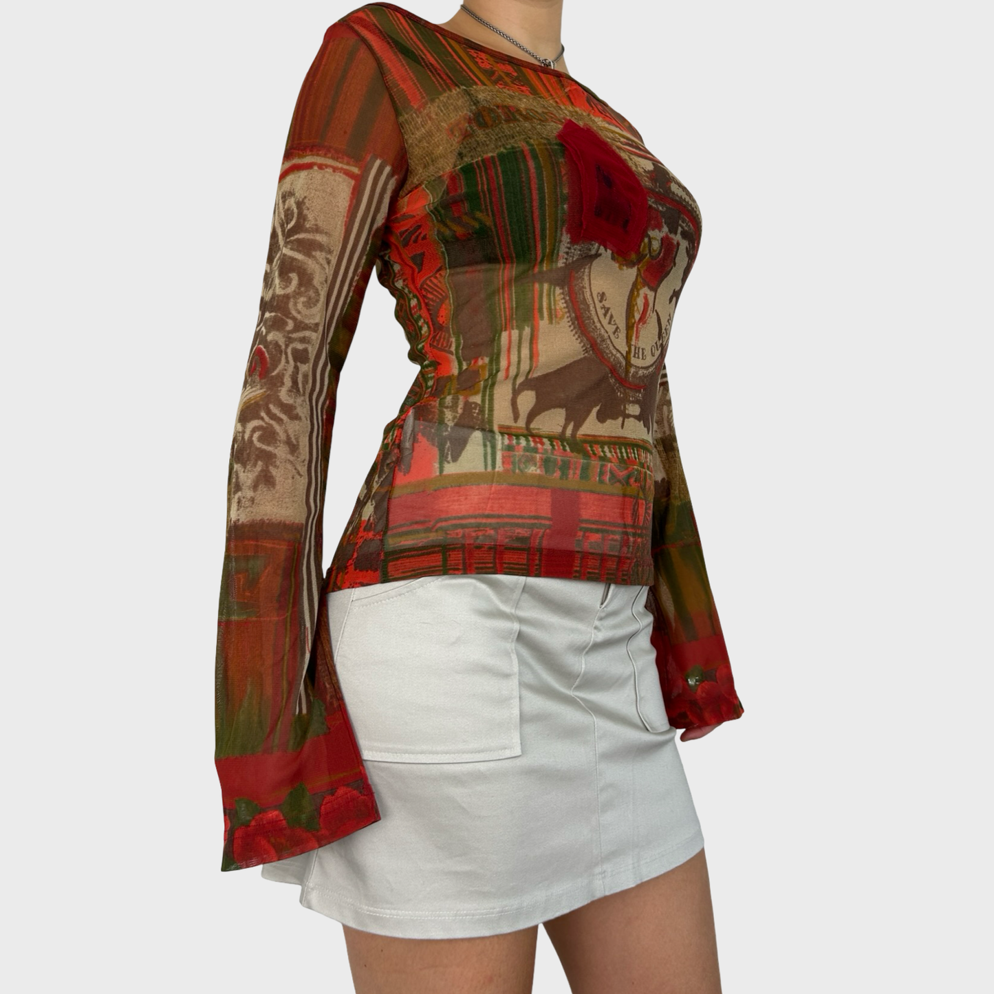 Save The Queen Red Graphic Print Mesh Long Sleeve Top - M/L