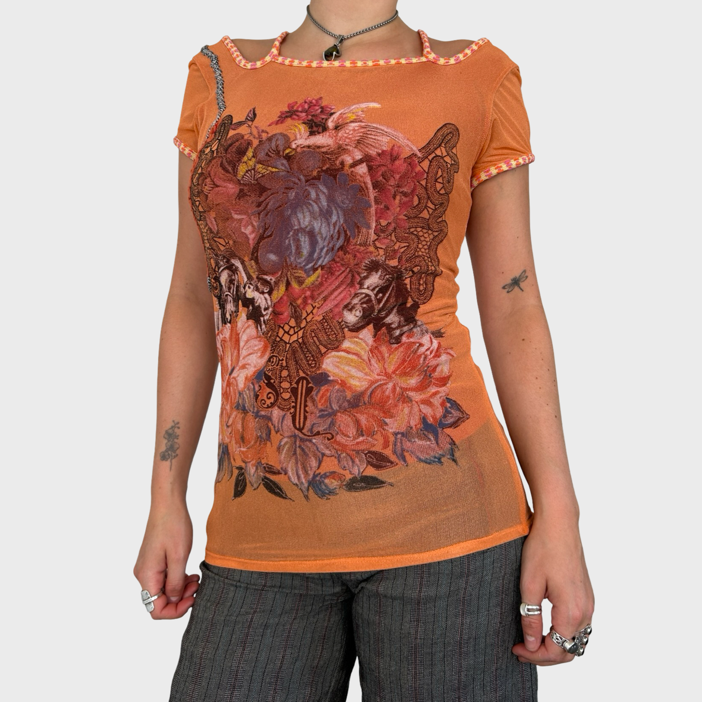 Save The Queen Orange Graphic Floral Mesh Top - M