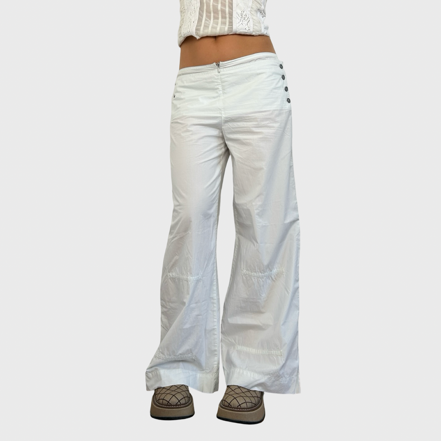 Cop Copine White Button Wide Leg Summer Trousers - M-L