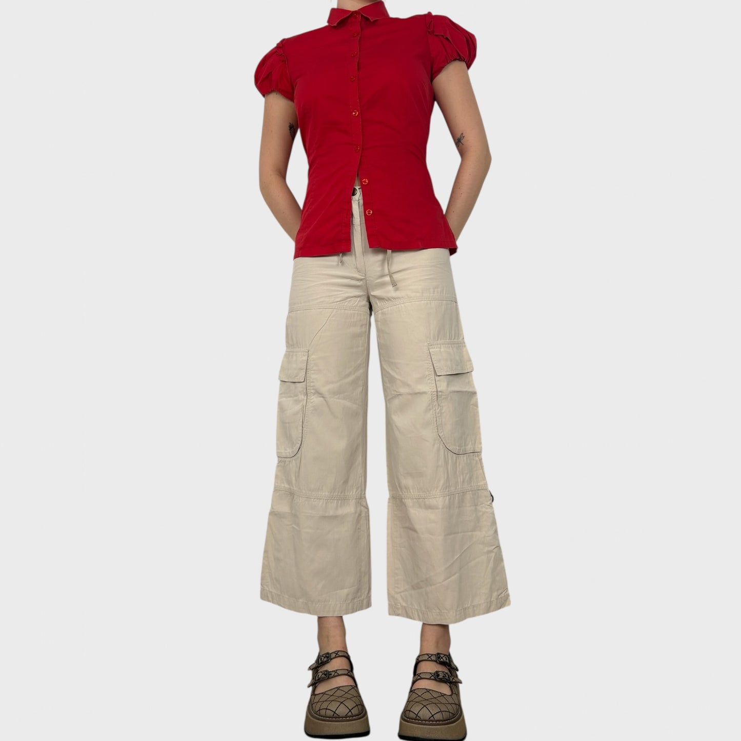 Cop Copine Beige Lightweight Wide Leg Cargo Trousers - S