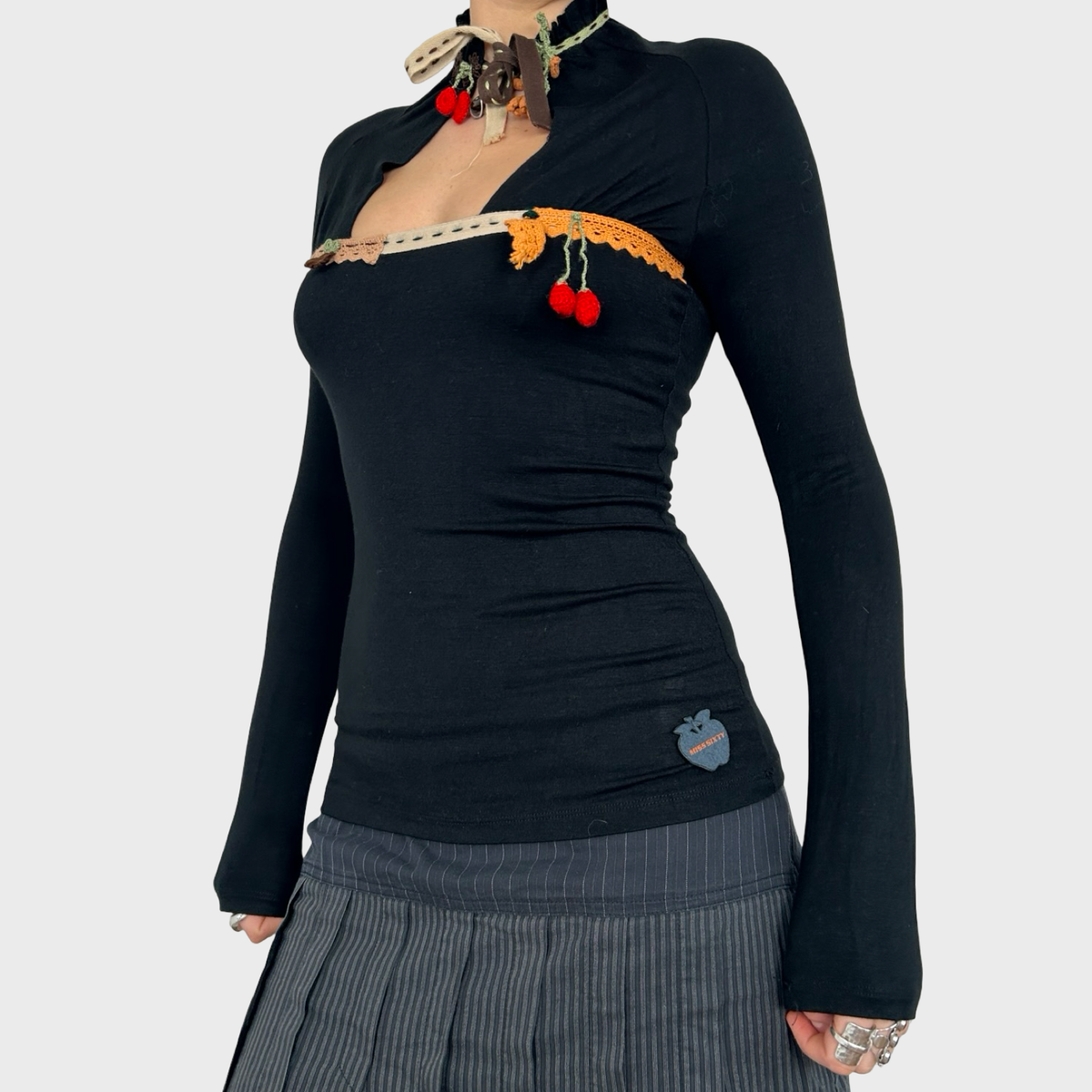 Miss Sixty Black Key Hole Tie Neck Long Sleeve Top - XS/S