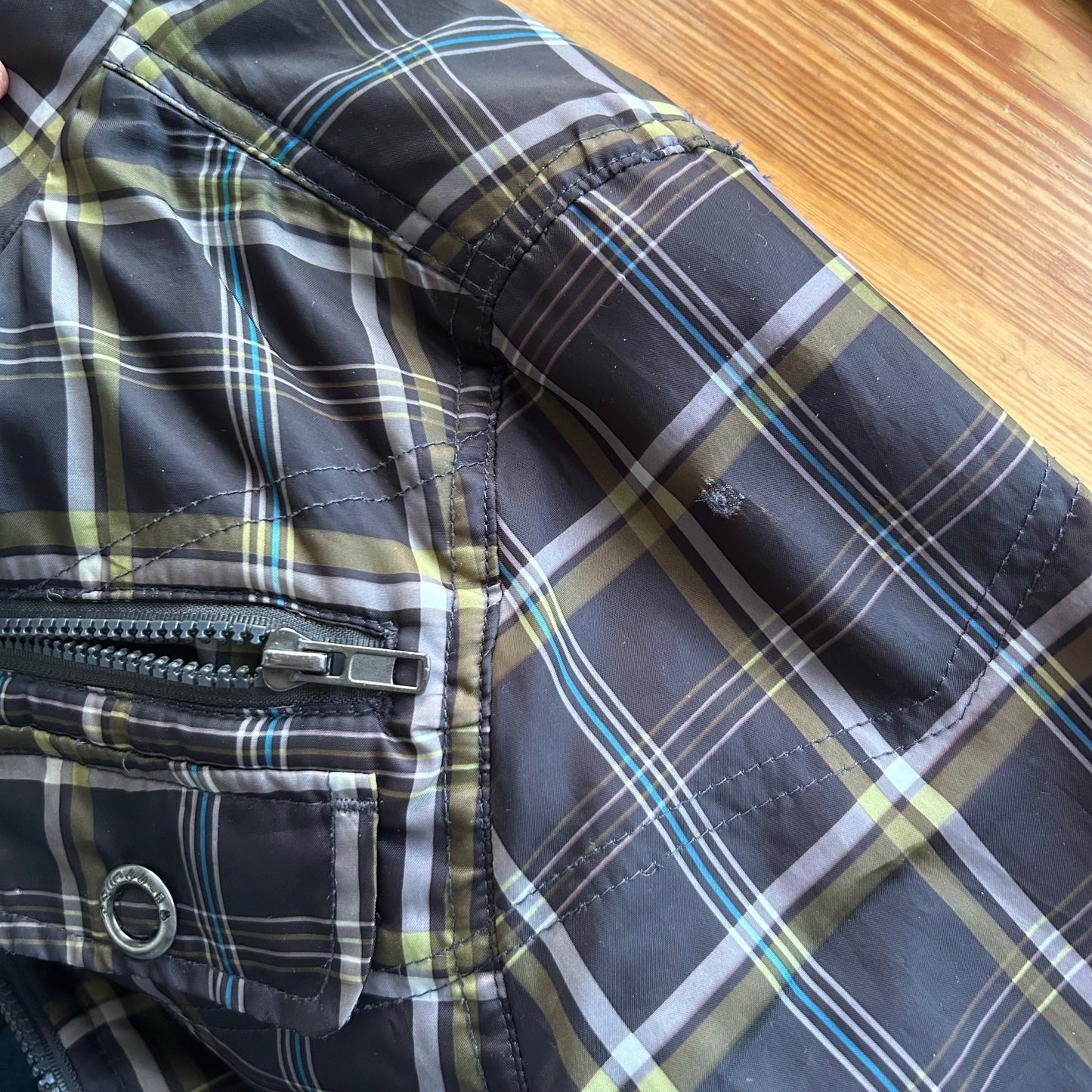 Vintage Checkered Bomber Jacket with Hood - M