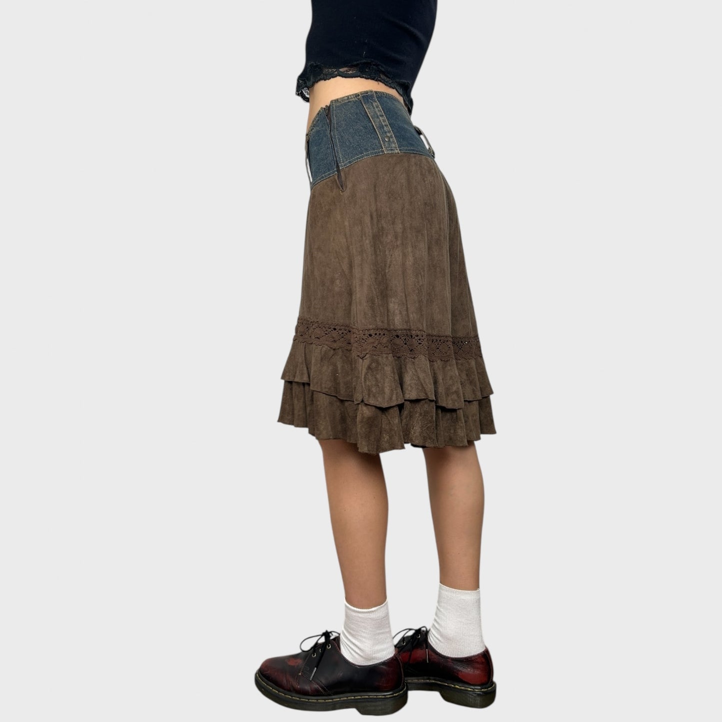 Bi-Material Suede Midi Skirt - S