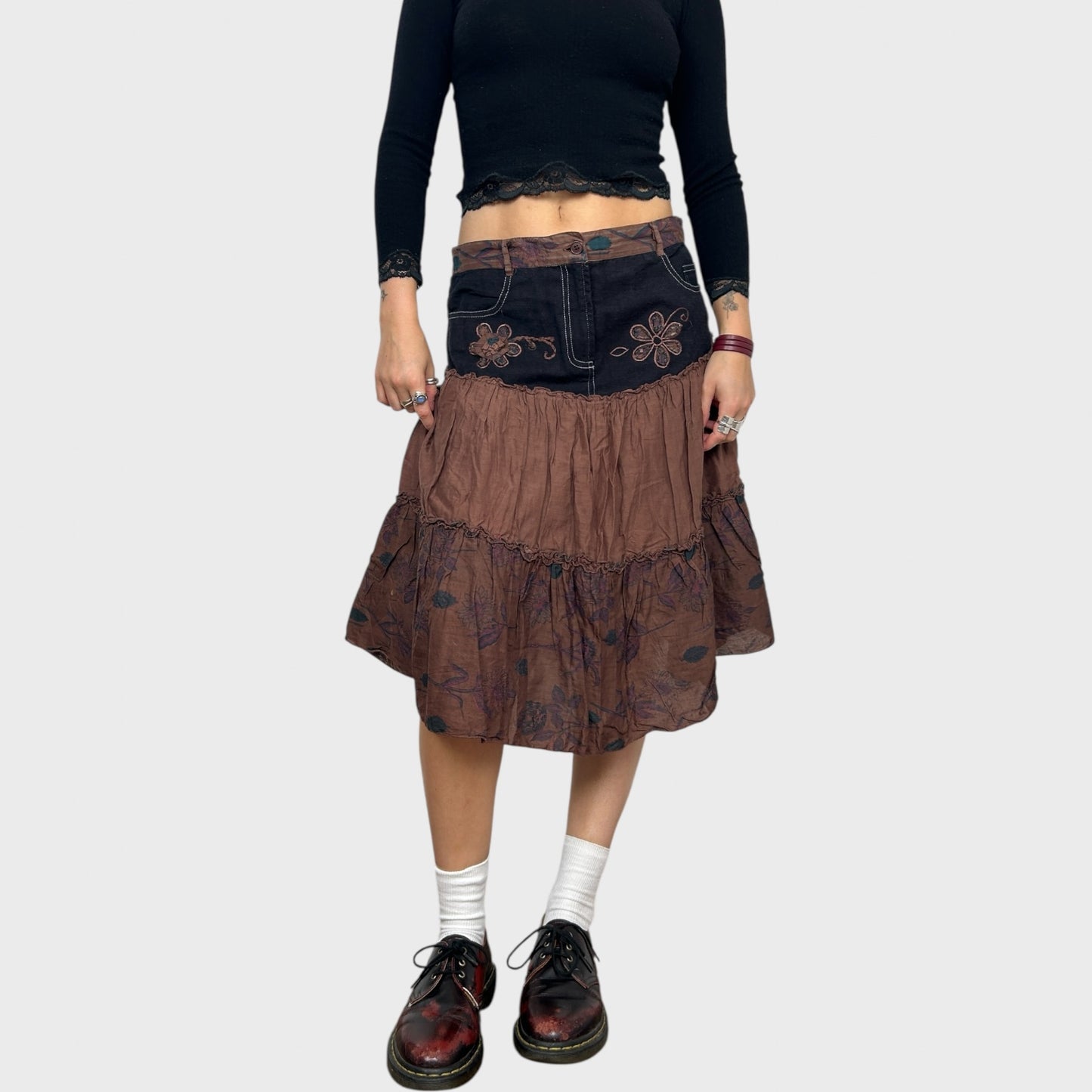 Brown Contrast Flower Midi Skirt - M/L