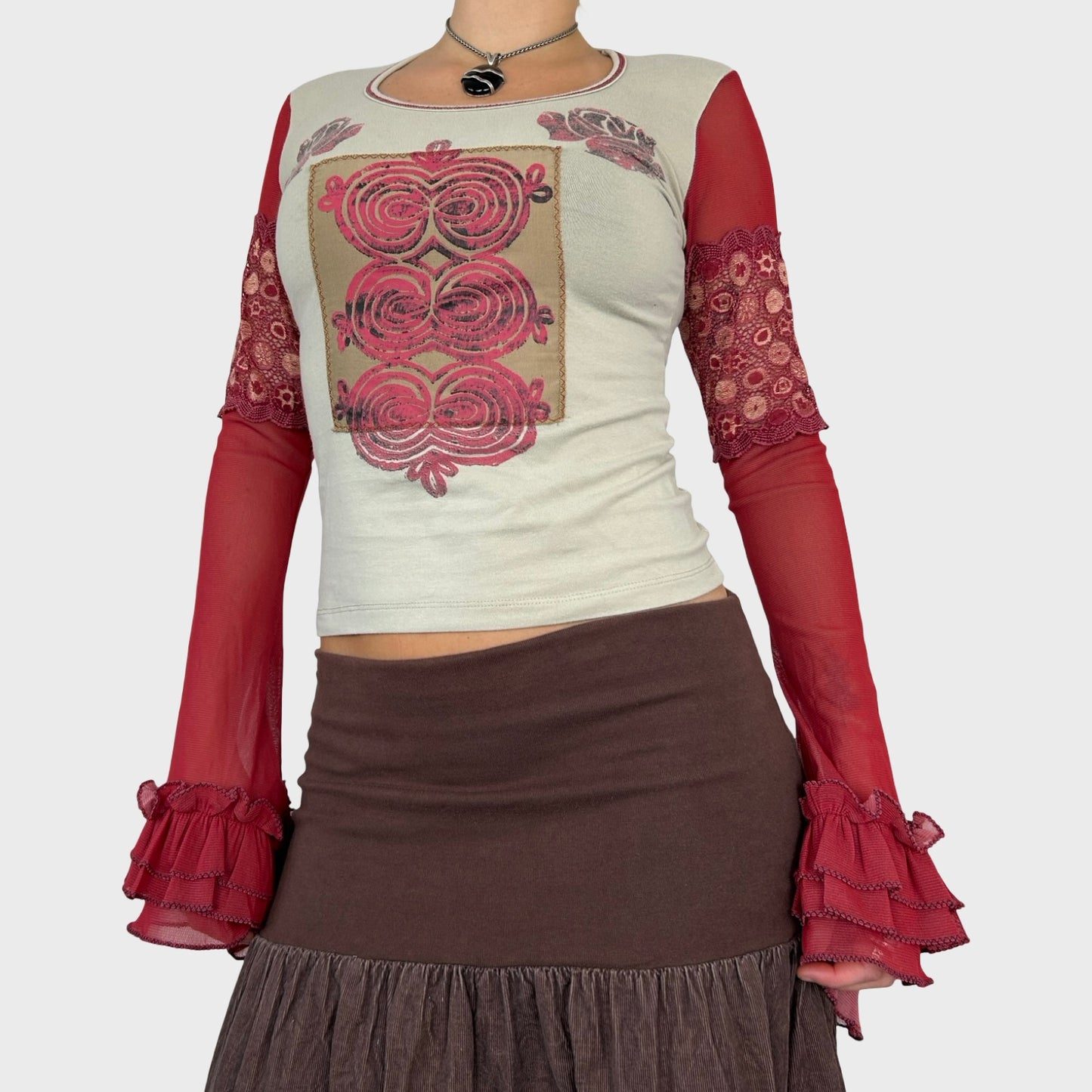 Save The Queen Pink Graphic Mesh Bell Sleeve Top - S