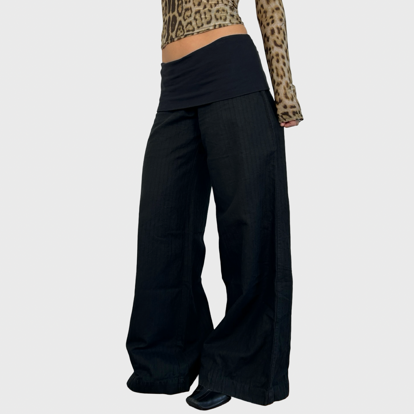 Cop Copine Black Foldover Waist Wide Leg Trousers - L