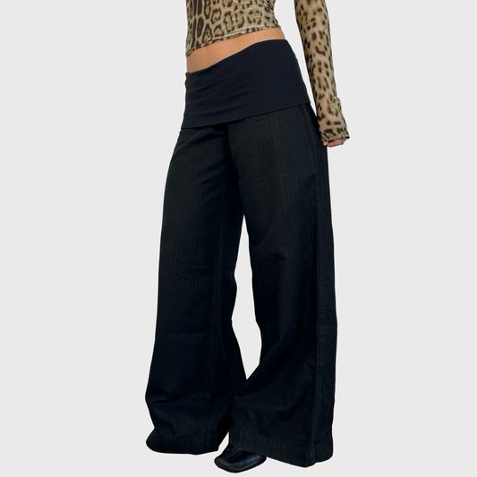 Cop Copine Black Foldover Waist Wide Leg Trousers - L
