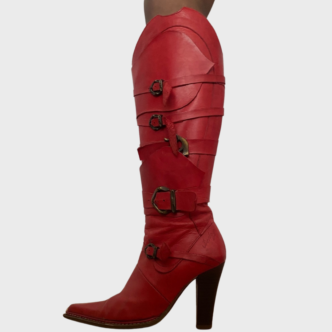 Destroy red leather buckle boots