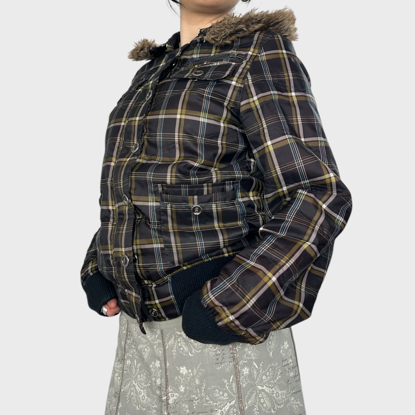 Vintage Checkered Bomber Jacket with Hood - M