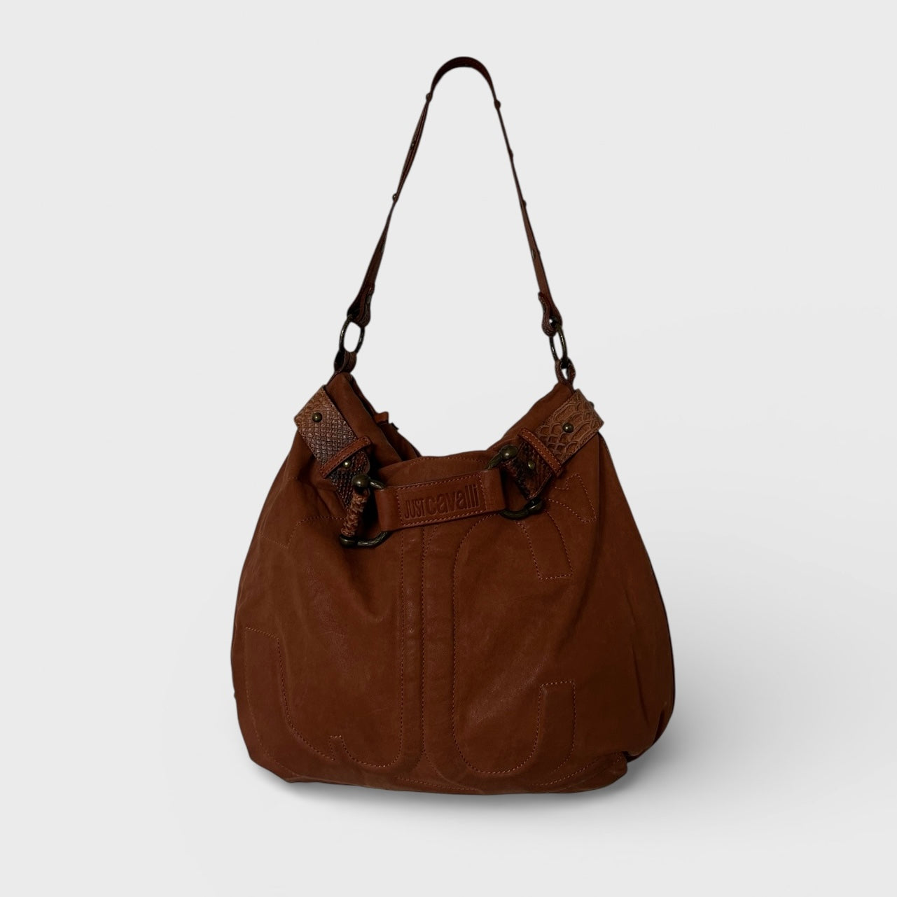 Roberto Cavalli 2000s Tan Leather Logo Shoulder Bag