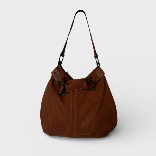Roberto Cavalli 2000s Tan Leather Logo Shoulder Bag