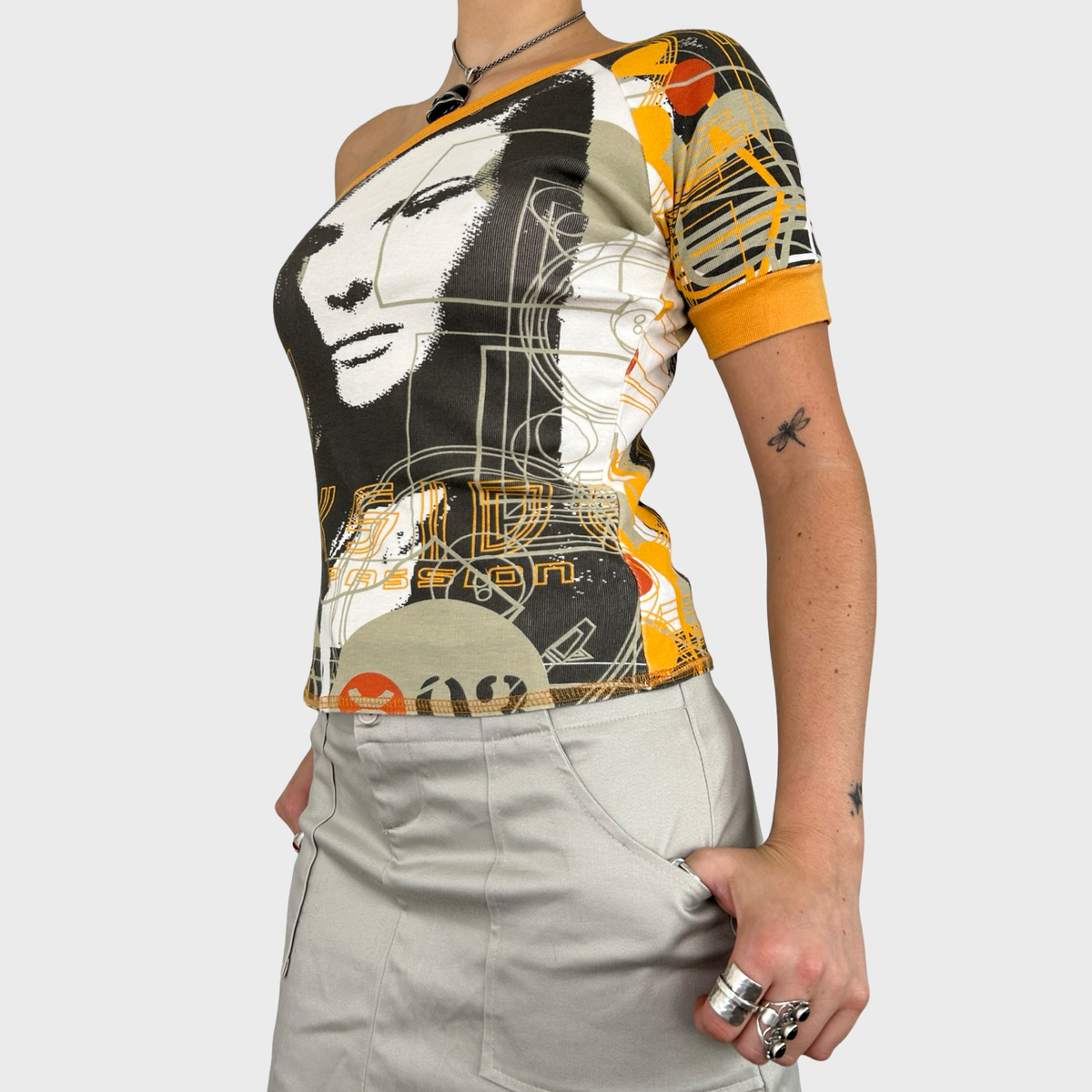 Vintage Graphic Face Print One Shoulder Top - S