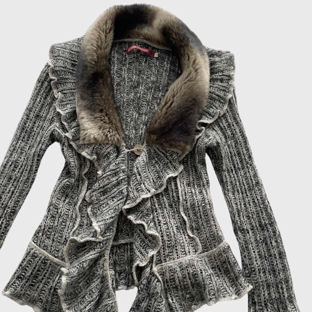 Grey frilly cardigan with faux fur trim