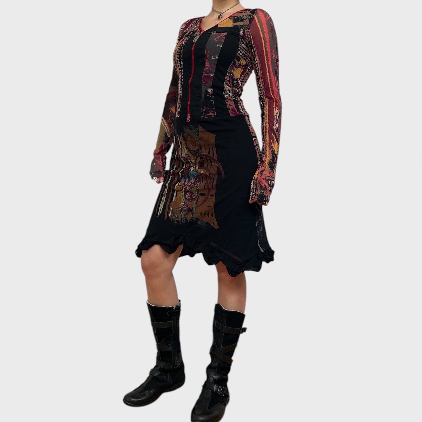 Save the Queen Graphic Print Mesh Zip-Up Dress