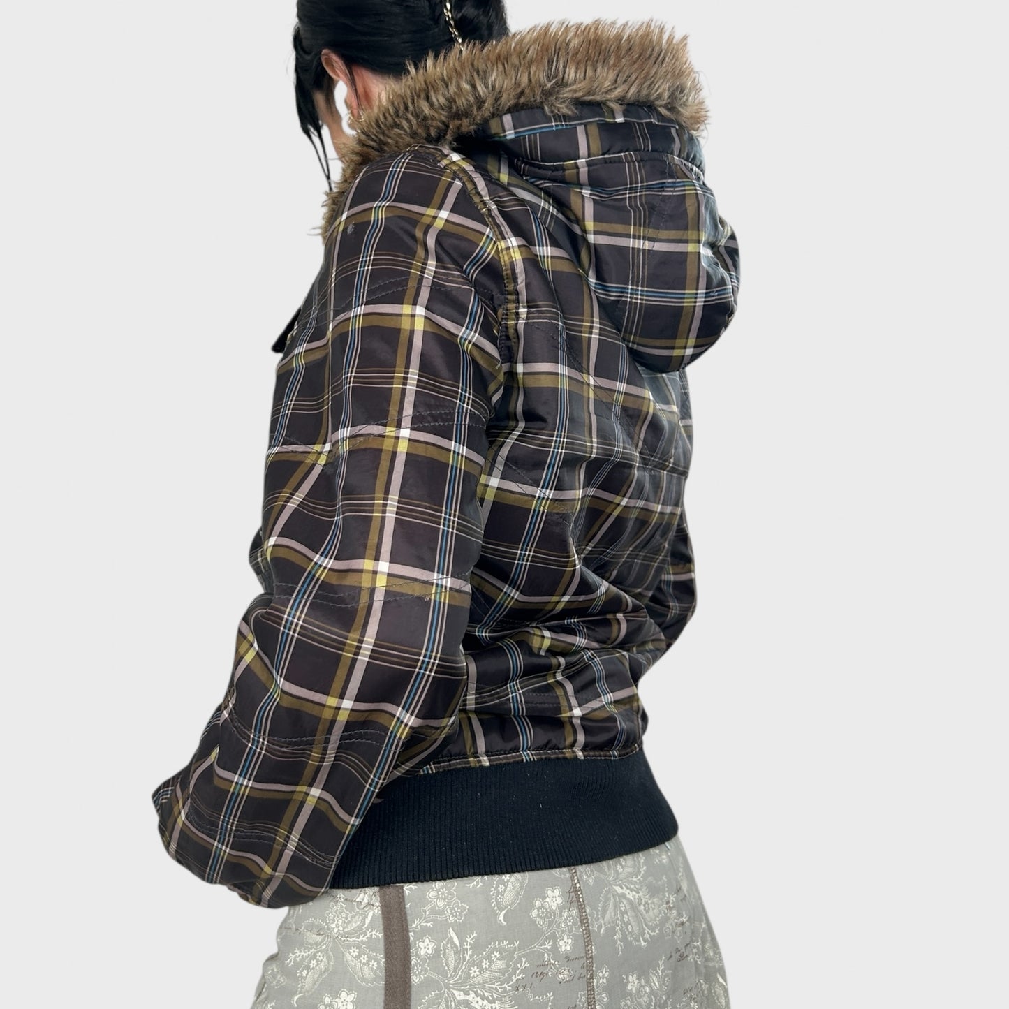 Vintage Checkered Bomber Jacket with Hood - M