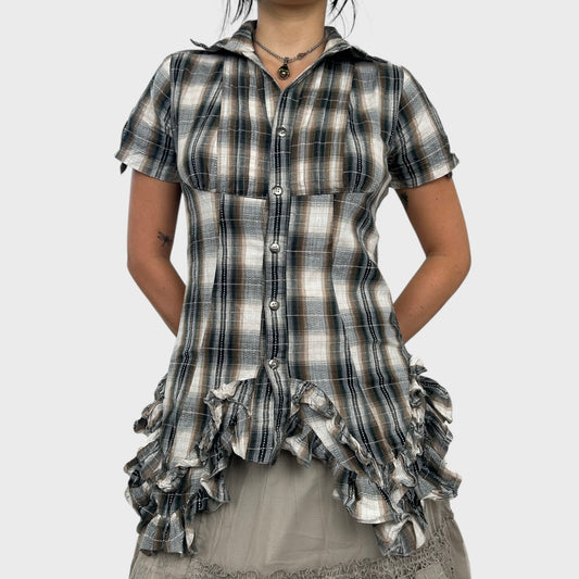 Checked Frilly Button-Up Blouse - S