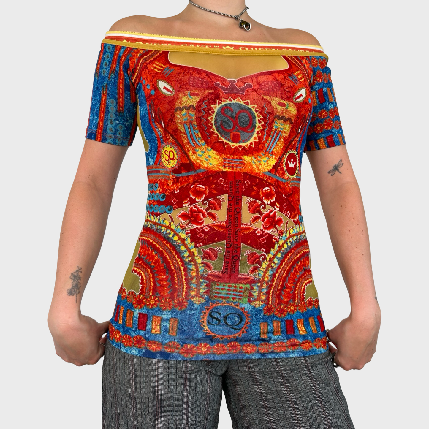 Save The Queen Graphic Off Shoulder Mesh Top - S