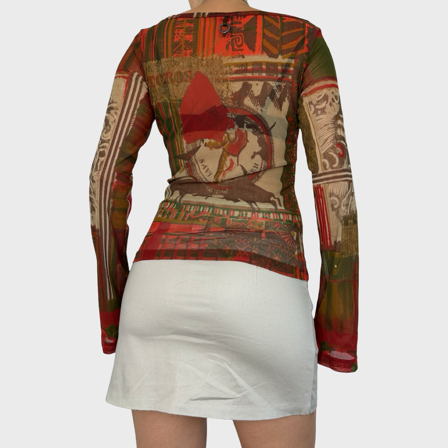 Save The Queen Red Graphic Print Mesh Long Sleeve Top - M/L